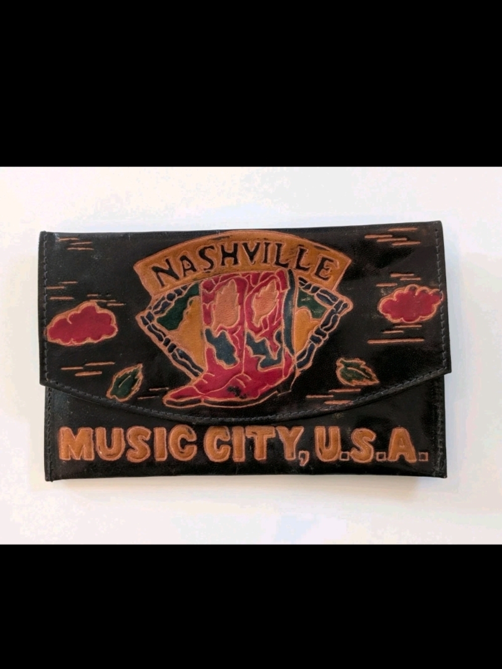 VTG Nashville Music City USA Tooled Leather Clutch Wallet Boots Snap Close Retro